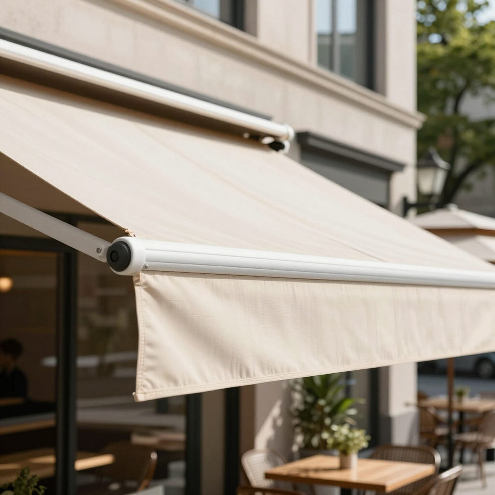 Retractable canopy over café seating